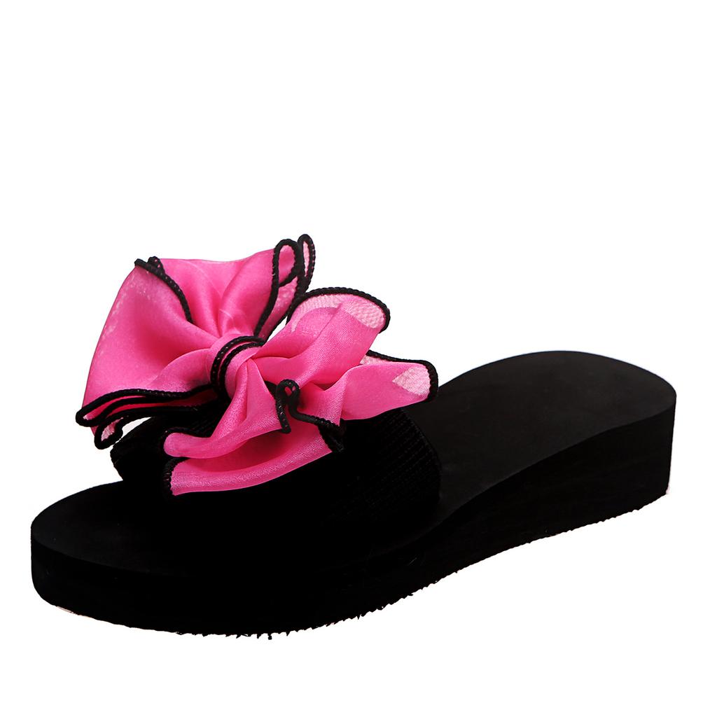 Mode Damen Keilabsatz Sandalen Sommer Neu Runde Zehenpartie Offene Zehen Stoff mit Schmetterlingsknoten Dicke Sohle Rutschfest Abriebfest Hausschuhe