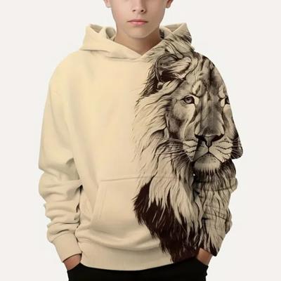 Stylish Lion 3D Printing Boys Casual Pullover Long Sleeve Hoodies Sweatshirt For Spring Fall Kids Hoodies Tops Outdoor Clothing