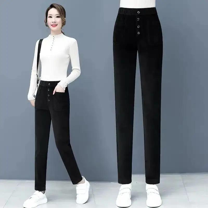 Women's Thickened Lamb Cashmere Autumn Winter Corduroy Pants Add Velvet Warm Pants Female Harlan Pants Casual Trousers Mother Wear