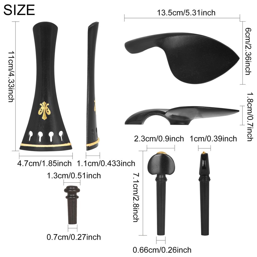 Violin Parts Kit Ebony Brass 4/4 3/4 Tailpiece Pegs Chinrest Endpin for Violin Replacement Fittings String Instrument Accessory