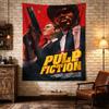 Pulp Fiction poster, John Travolta and Samuel L. Jackson in black suits, bold yellow PULP FICTION letters against deep red Wall Tapestry
