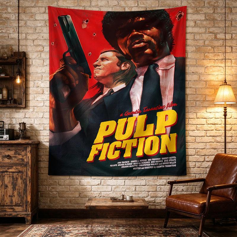Pulp Fiction poster, John Travolta and Samuel L. Jackson in black suits, bold yellow PULP FICTION letters against deep red Wall Tapestry