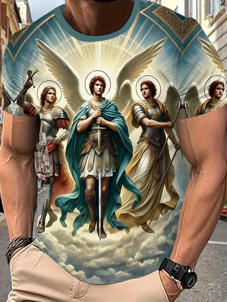 Mens 3d Angel Warrior Graphic T Shirt Golden Sword Design 3D Printed Tshirt For Men Clothes Wing Ornate Border Unisex Tee Tops