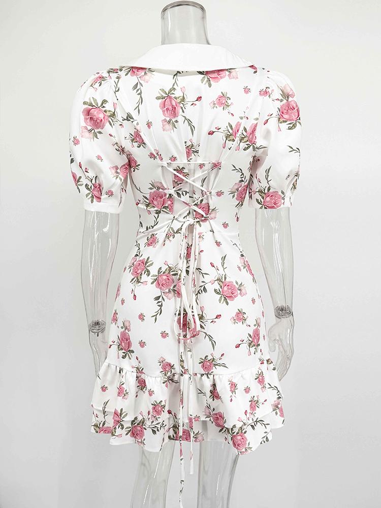 Summer Print Puff Sleeves Ruffled Dress Women's V-Neck High Waist Pearl Buttons Mini Dress Female Casual Vacation Fashion Dress