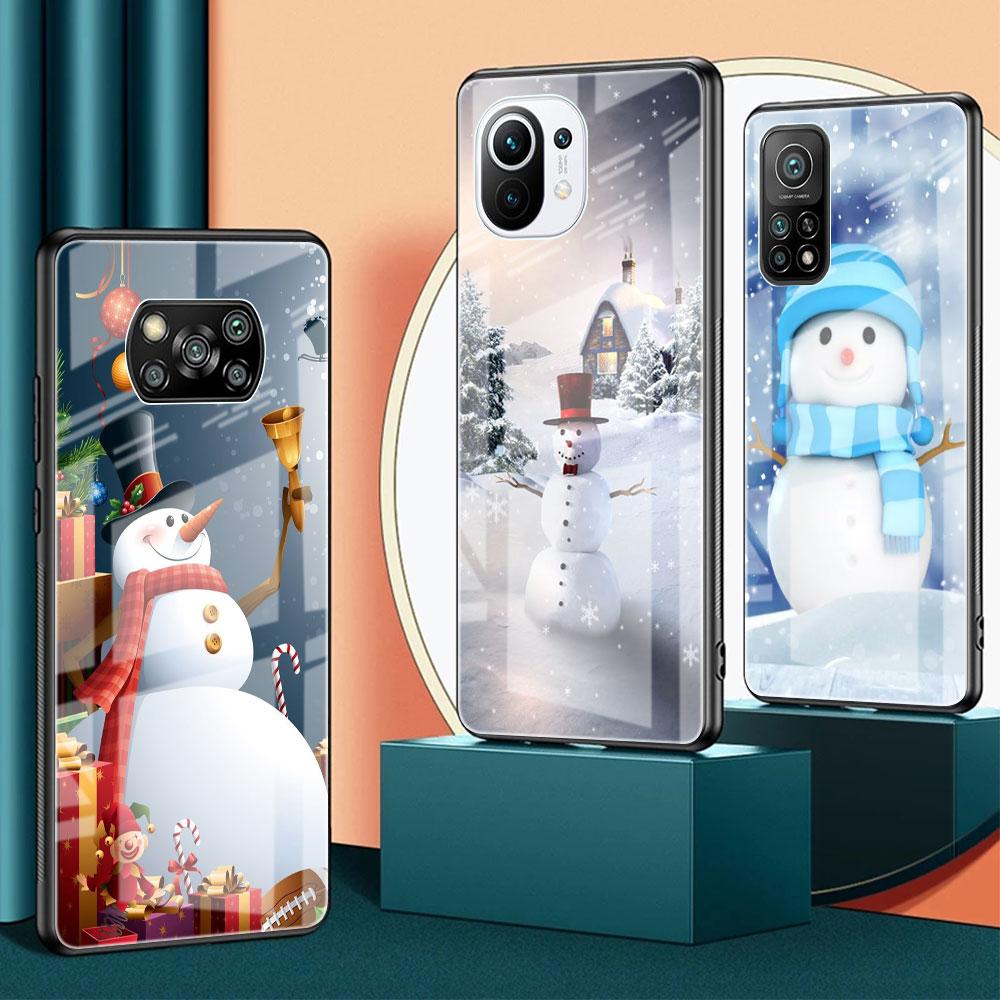 Kreslený Sněhulák Vánoční Skleněný Kryt pro Xiaomi Poco X3 NFC 11 Lite 11T F3 M3 Redmi Note 11 10 9 8 Pro 10S 9S 9A 9C Kryt na Telefon