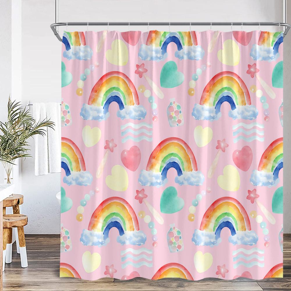 Cartoon Rainbow Kids Bathroom Shower Curtain Hand-Painted Cute Pattern Children Bathtub Decor Children Polyester Bath Curtain