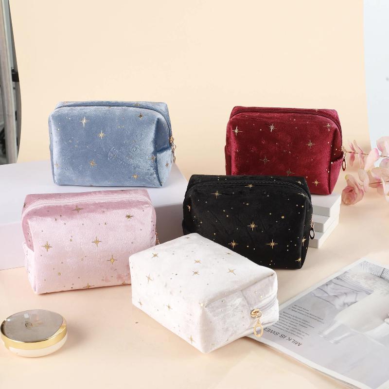 Cosmetic Pouch Spacious Velvet Cosmetic Bag Travel Toiletry Organizer With Star Pattern Portable Makeup Case For Lipstick