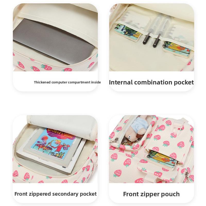 Set de 3 pièces Sac à dos d'école en velours côtelé avec sac à lunch trousse à crayons Sac d'école mignon pour fille Sac à livres Fraise Sac à dos pour adolescents Femmes