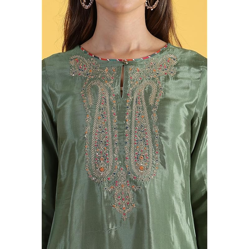 W for Woman Light Green Embroidered Shantung Straight Kurta (Size: S)-W12309-217974