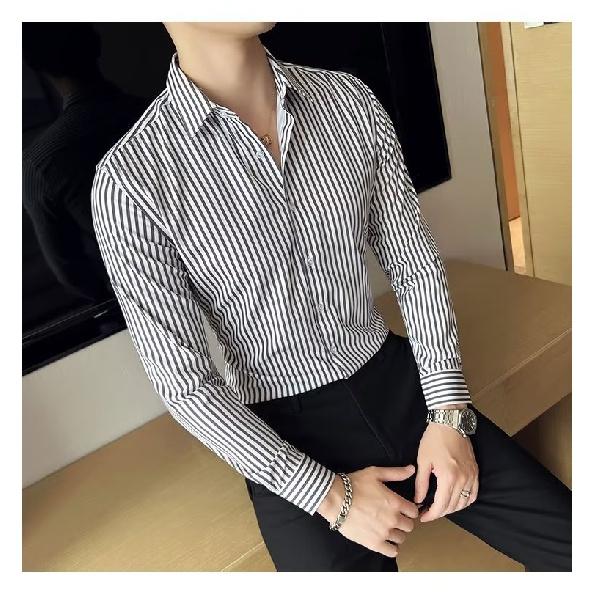 Spring And Summer Striped Long-Sleeved Shirt Men'S Black And White Plaid Shirt Men'S Slim Pepsi Trend Casual Inch