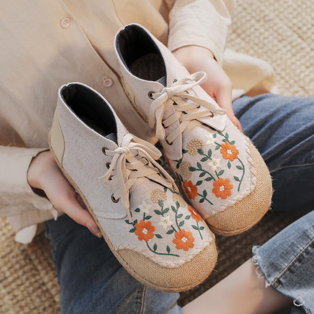 Damesko Håndlagde Vintage Broderte Ballerinaer Ankelstøvletter Sko Høy Topp Snøring Canvas Sneakers Lin Casual Fritid Espadriller