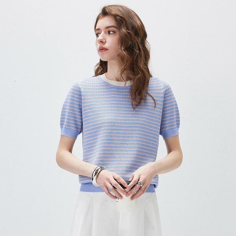Women's Mulberry Silk Blend Striped Jacquard T-Shirt