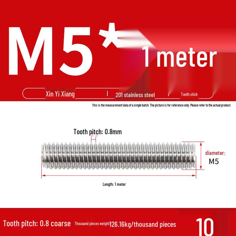 304 Stainless Steel Full Threaded Rod, 1 Meter, available in sizes M3, M6, M8, M10, M12.
