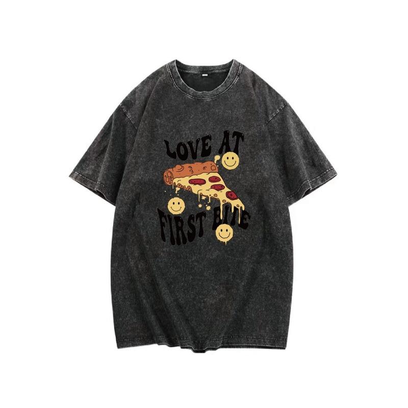 

European sizes Men s T-Shirt, washed black outdoor T-shirt. With pizza drawing pattern, full of life fun. S чёрный