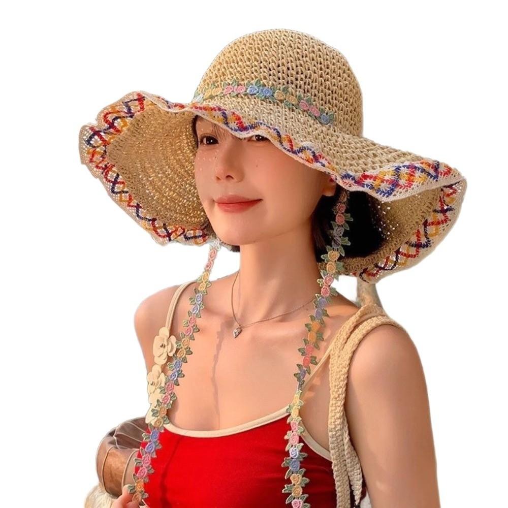 Ethnic Style Straw Hat Large Brim Sun Protection Hat Fashionable Fisherman's Hat  Vacation