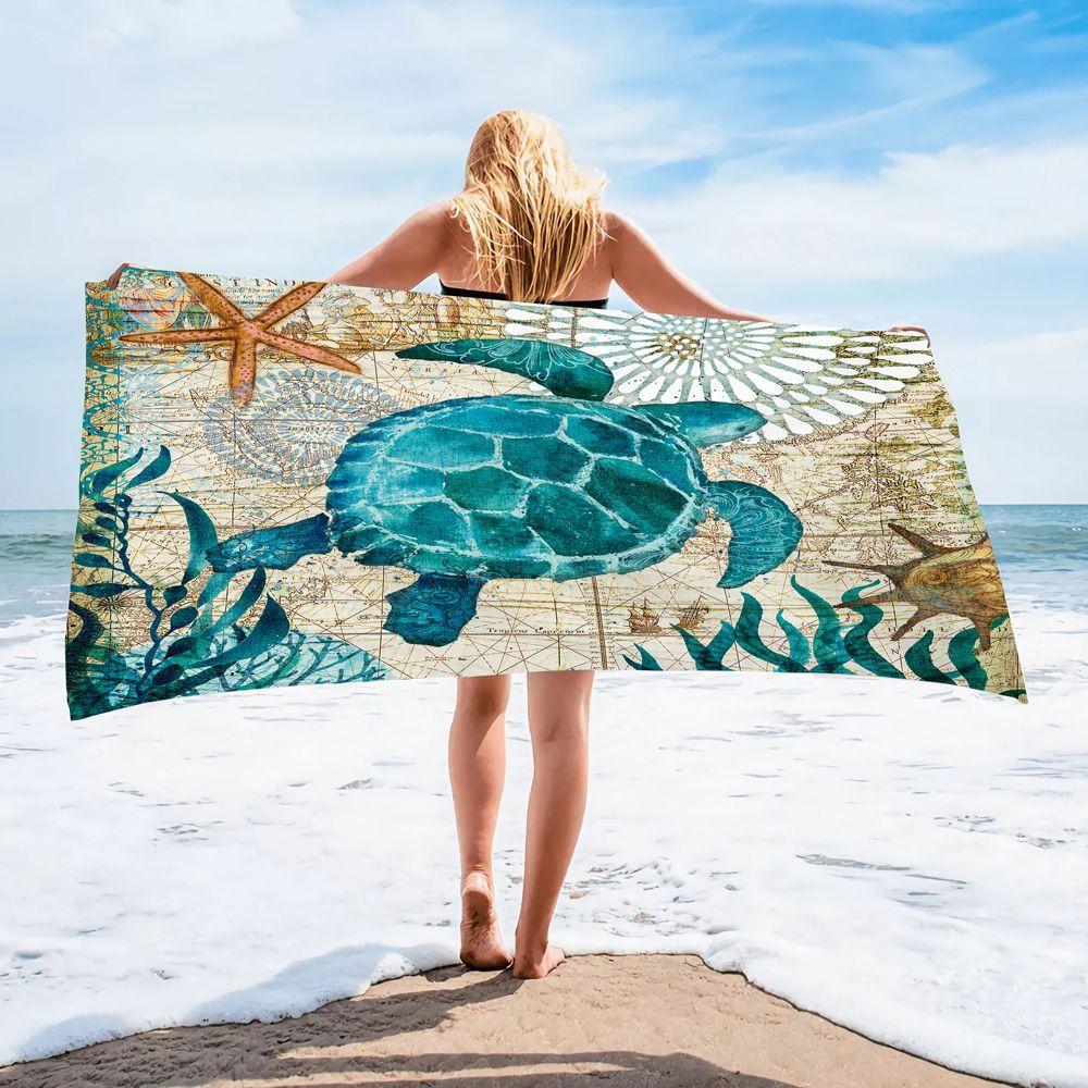 Popular Ocean Turtle Pattern Beach Towel Microfiber Absorbent Bath Towel Quick-Drying Double-Sided Velvet Beach Blanket