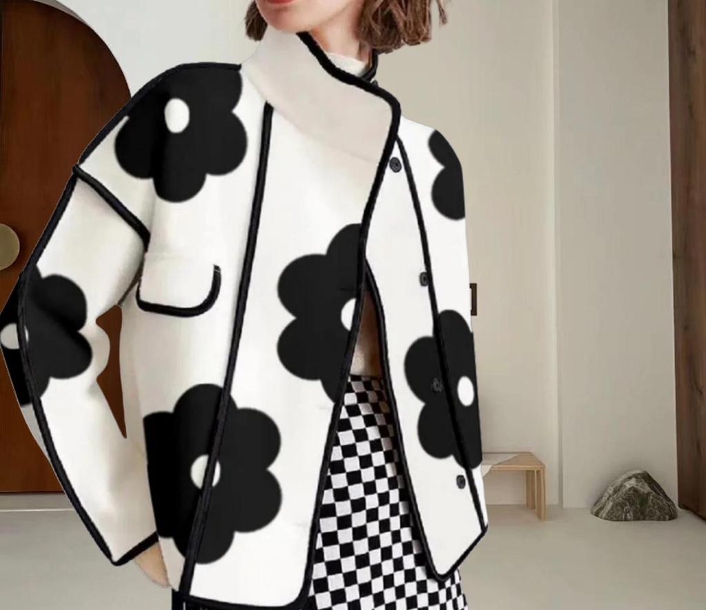 Женское шерстяное пальто 2024 года с цветными блоками, цветочным принтом, длинными рукавами, разрезом, воротником-стойкой