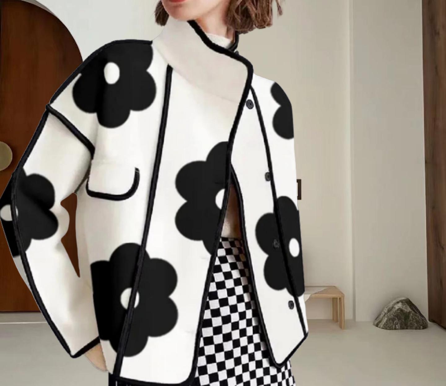 

Женское шерстяное пальто 2024 года с цветными блоками, цветочным принтом, длинными рукавами, разрезом, воротником-стойкой Extra Large белый