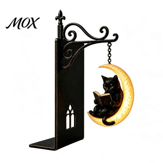 Halloween-Thema Buch-Organizer Gotische Metall-Buchstützen mit Hängeleuchte, Katze Rabe Geist Dekorativ Schwarz Heimdeko Bücherregal Lampe, Vintage