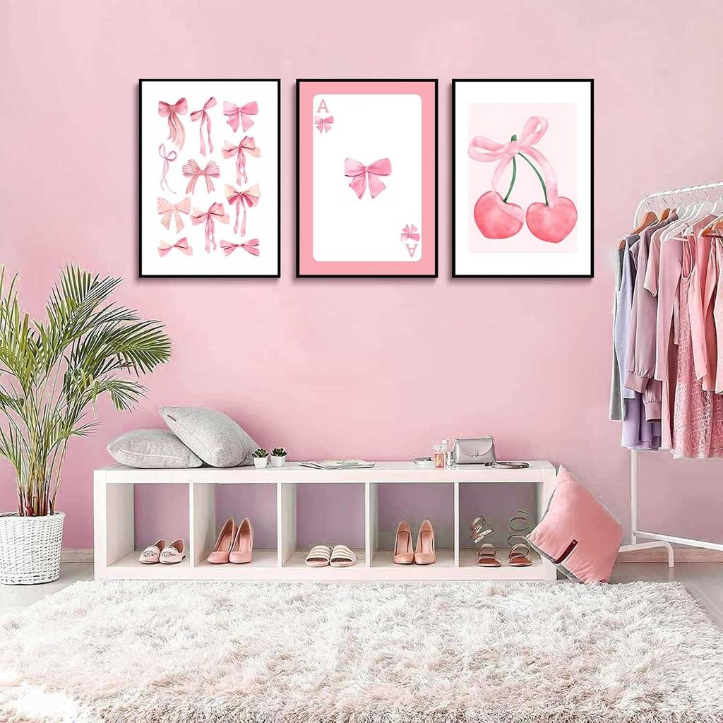 3 ks Trendy růžové mašle nástěnné umění Preppy akvarelové mašle plátno plakáty tisky dívčí estetika nástěnná dekorace obrázky pro kolejní byt ložnice