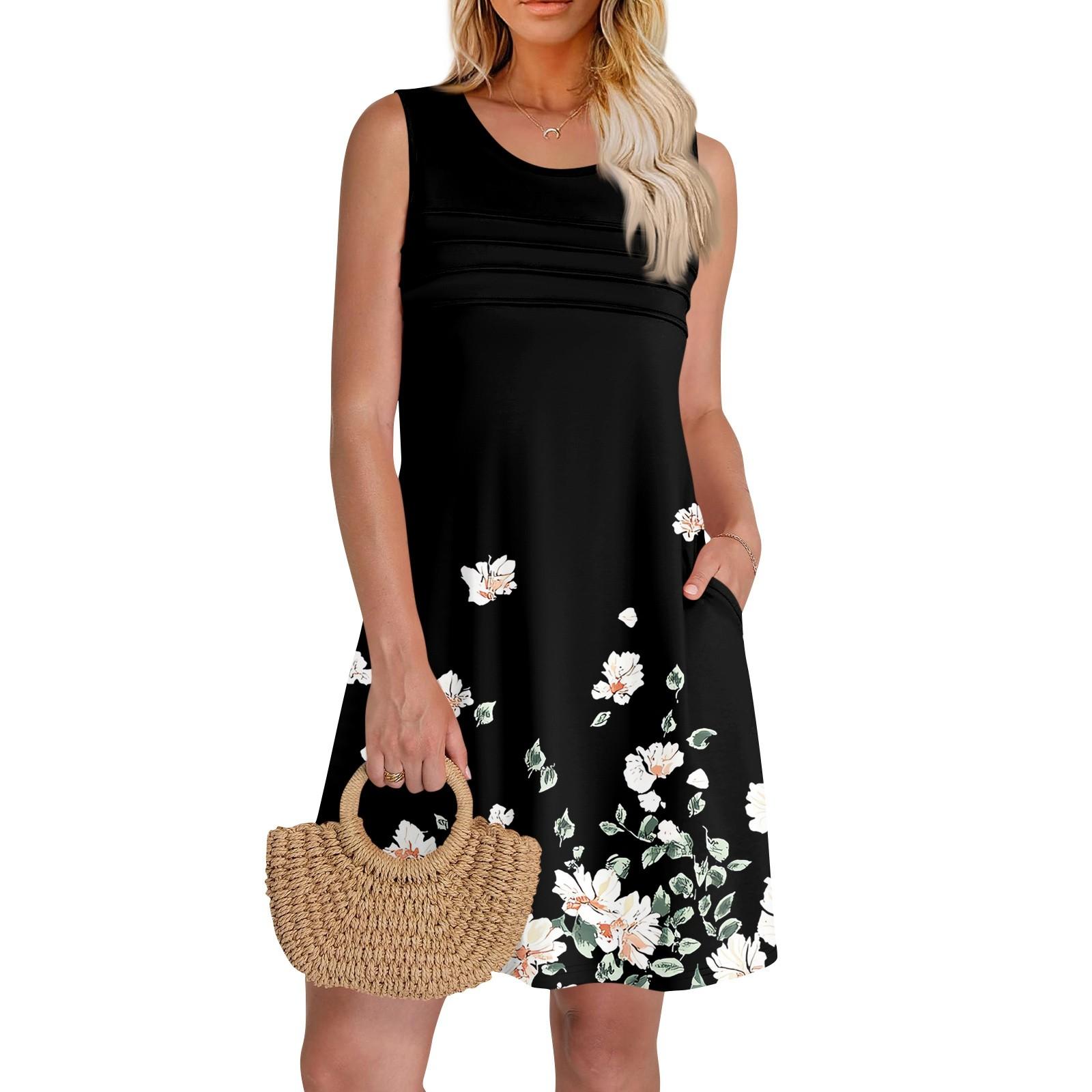 

Женские летние платья с круглым вырезом, плиссировкой спереди, без рукавов, карманами, сарафаном, повседневным платьем L чёрный