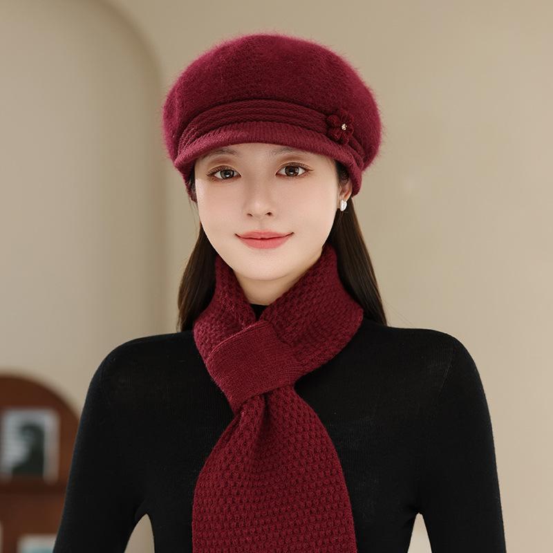 Hat Women's Autumn and Winter Knitted Hat Warm Beret Wool Hat Fashion Fleece Thickened Ear Hat Rabbit Fur Hat