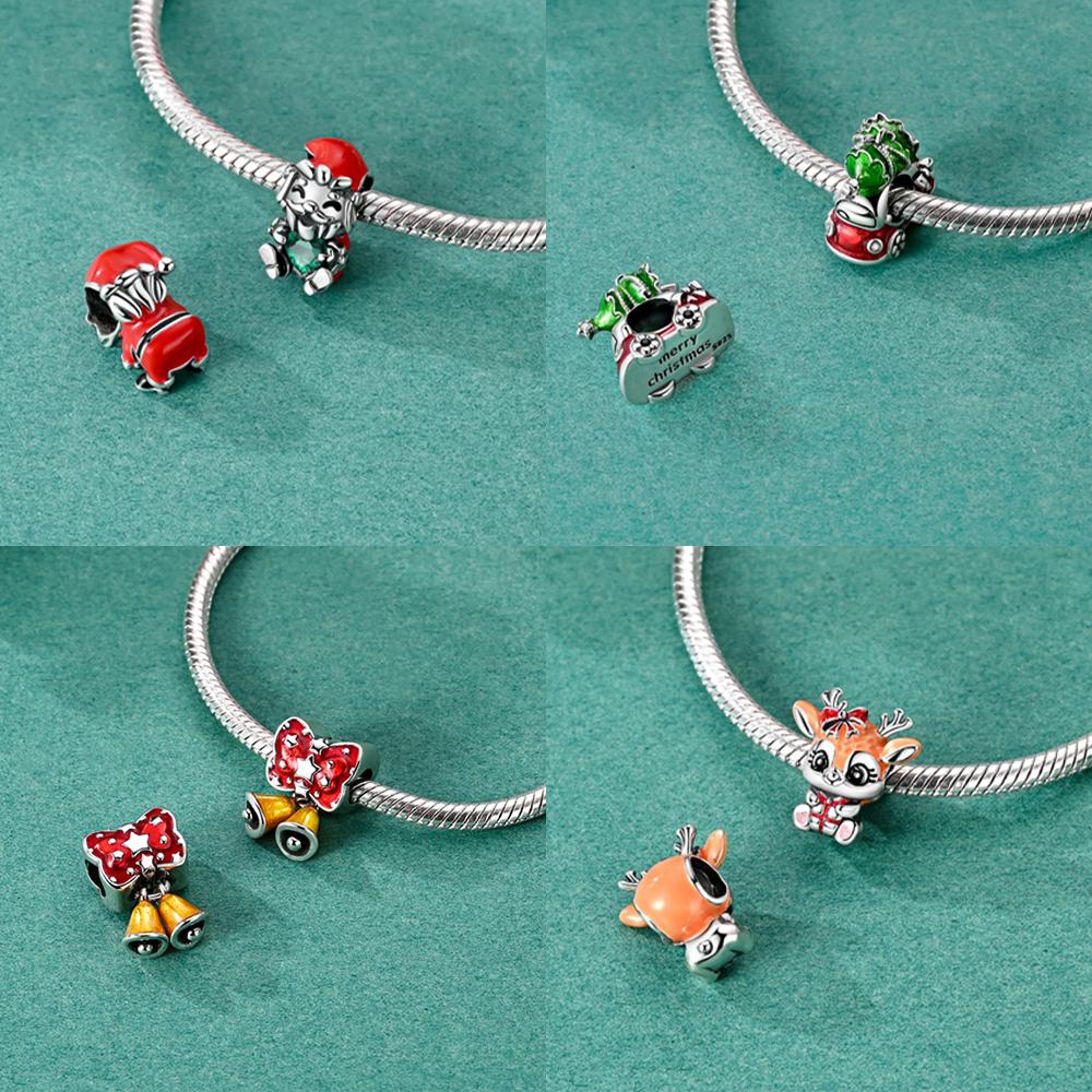 Original Copper Red Bow Tie Car Christmas Deer Snowman Bead Fit Bracelet Diy Accessory Set Women Christmas Jewelry Gift Set