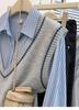 Gray V-neck Korean Style Knit Vest: Women's Sleeveless Sweater for Spring, Autumn, and Winter Layering.
