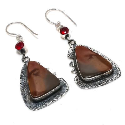 Natural Mookaite, Garnet Gemstone 925 Sterling Silver Earring 2.44" F2P11
