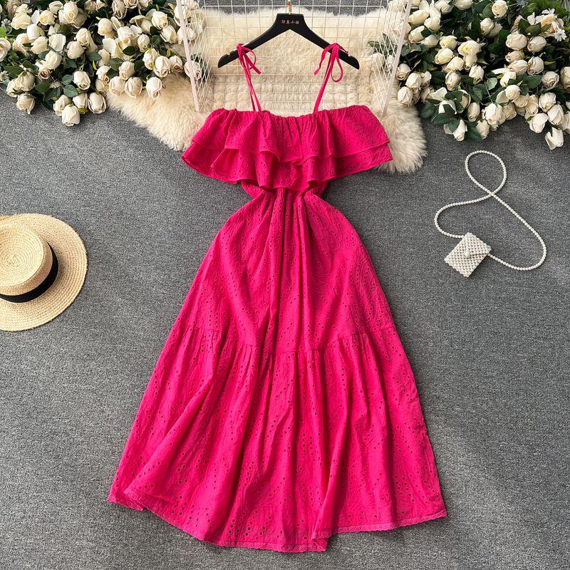 

Off-the-Shoulder French Summer Crocheted Temperament Camisole Dress Rose Red All yards