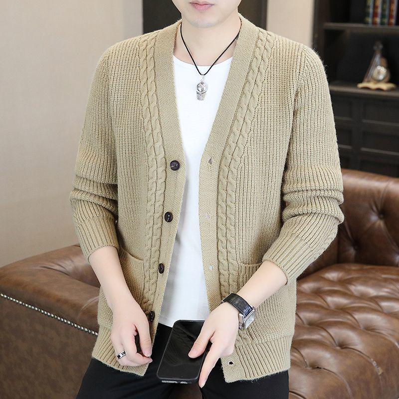 Men's Trendy Knitted Cardigan: Stylish Solid Color Outerwear for Spring and Autumn