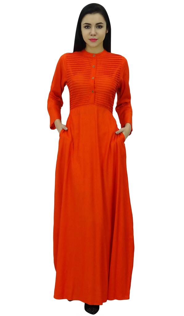 Bimba Women's Long Sleeve Maxi Mandarin Collar Plain Jilbab Dress With