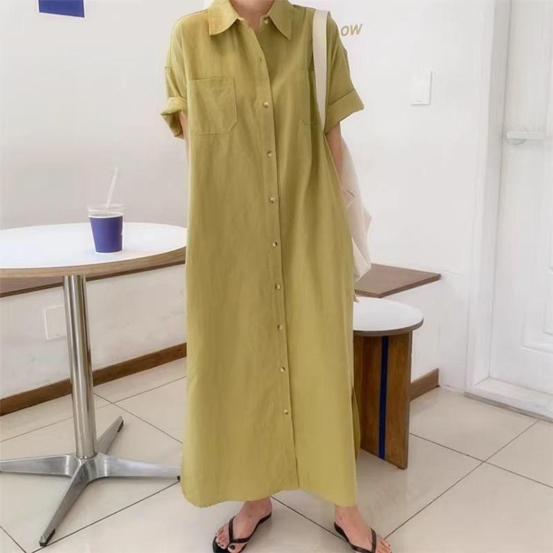 Shirtdress Women's Summer Simple Long Short Sleeve Dress Over The Knee