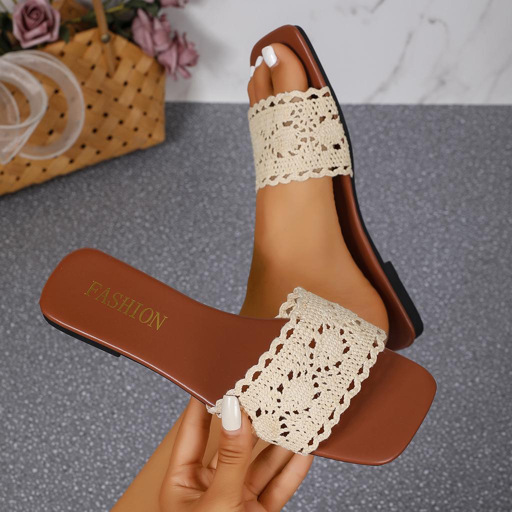 Fashion Women Slippers Hollow Fabric Sandals 2025 New Outdoor Fashion Slippers Sexy Elegant Casual Flat Shoes Party Comfy Slides Women