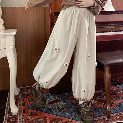 Women's Vintage-Style Loose-Fit Corduroy Cuffed Casual Pants Cute Cropped Wide-Leg Pants for Fall/Winter