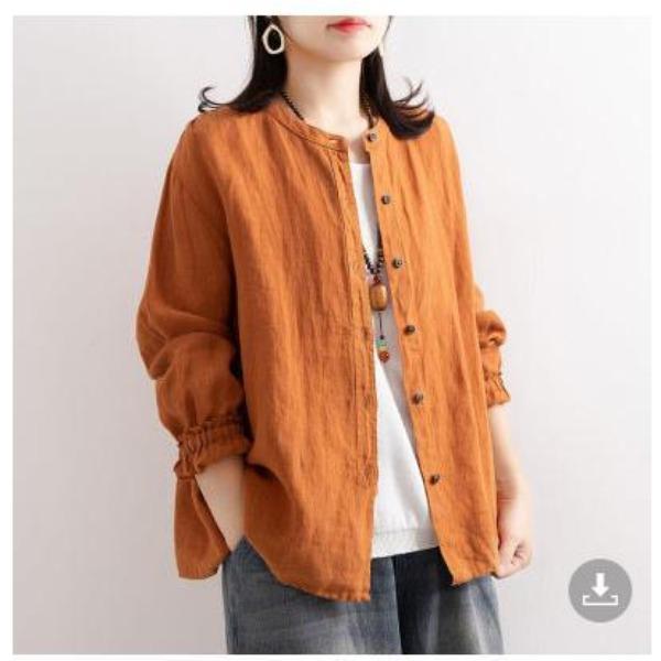 Spring Autumn Women's Cotton Linen Shirt Long Sleeved Loose Round Neck Shirt Casual Jacket with Closed Sleeves Top