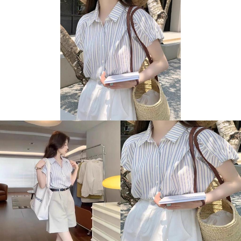 Streetwear Striped Blue Shirt For Women With Short Sleeves And V Neck For Summer Casual Wear