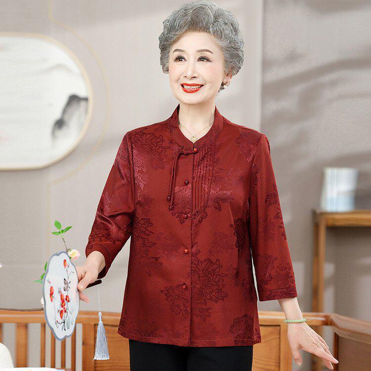 

Elegant Silk Seven-Sleeve Summer Shirt for Moms: Chic Chinese Style for Middle-Aged and Elderly Women L - 75-95 jin