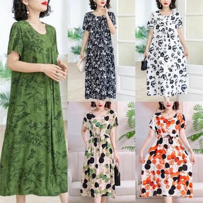 New Mom Summer Cotton Silk Dress, Middle Aged Women's Fashion, Large Sized, Middle Aged and Elderly Floral Style Skirt
