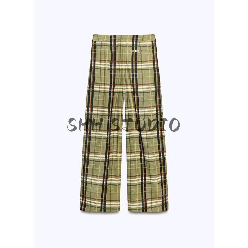 Summer New Product Women's Clothes Casual Air Outlet Pocket Decoration Linen Blend Gingham Mid-Waist Straight Pants 8371029