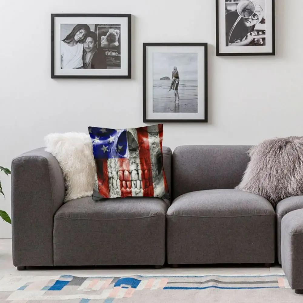 American Flag Skull Square Pillow Case Polyester Decorative Pillow USA Flag Funny Cushion Covers