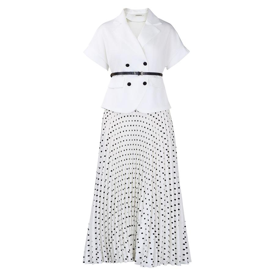 Style Elegant Blazer Short Sleeve Top with Polka Dot A-Line Midi Skirt Set S белый