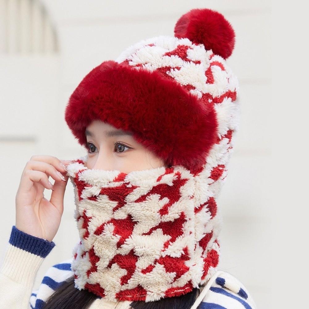 Houndstooth Pattern Plush Ski Mask Scarf Hat Breathable Neck Cover Face Cap  Camping
