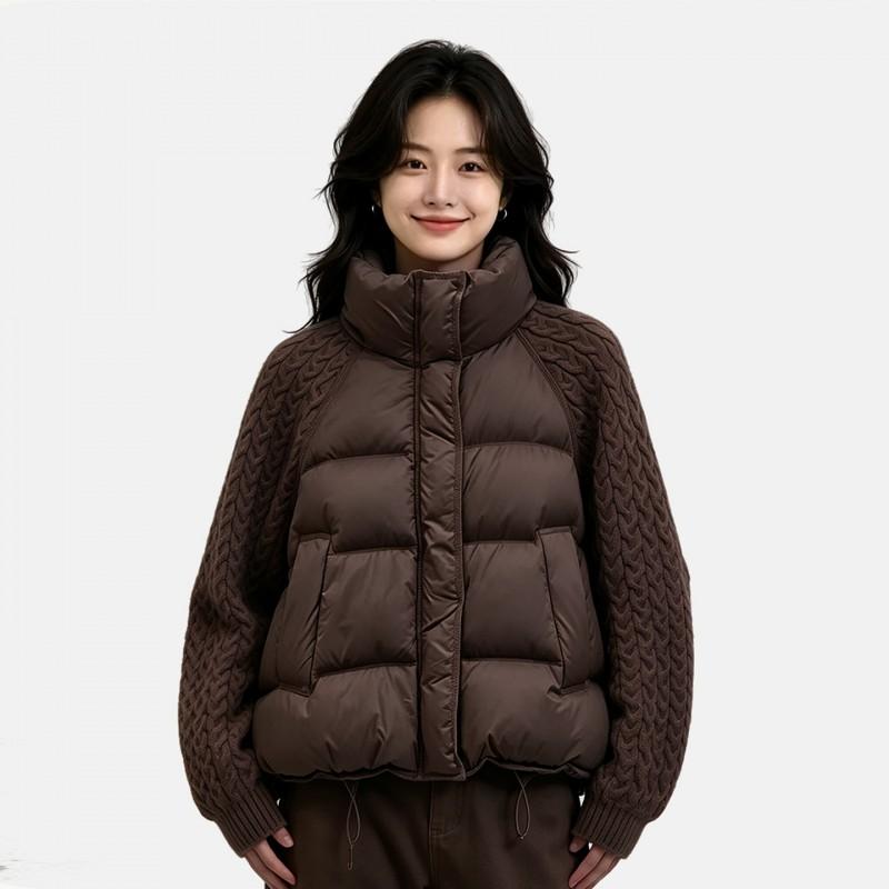 Womens Short Stand Collar Knit Panel Puffer Jacket Winter Warm Loose Cotton Coat