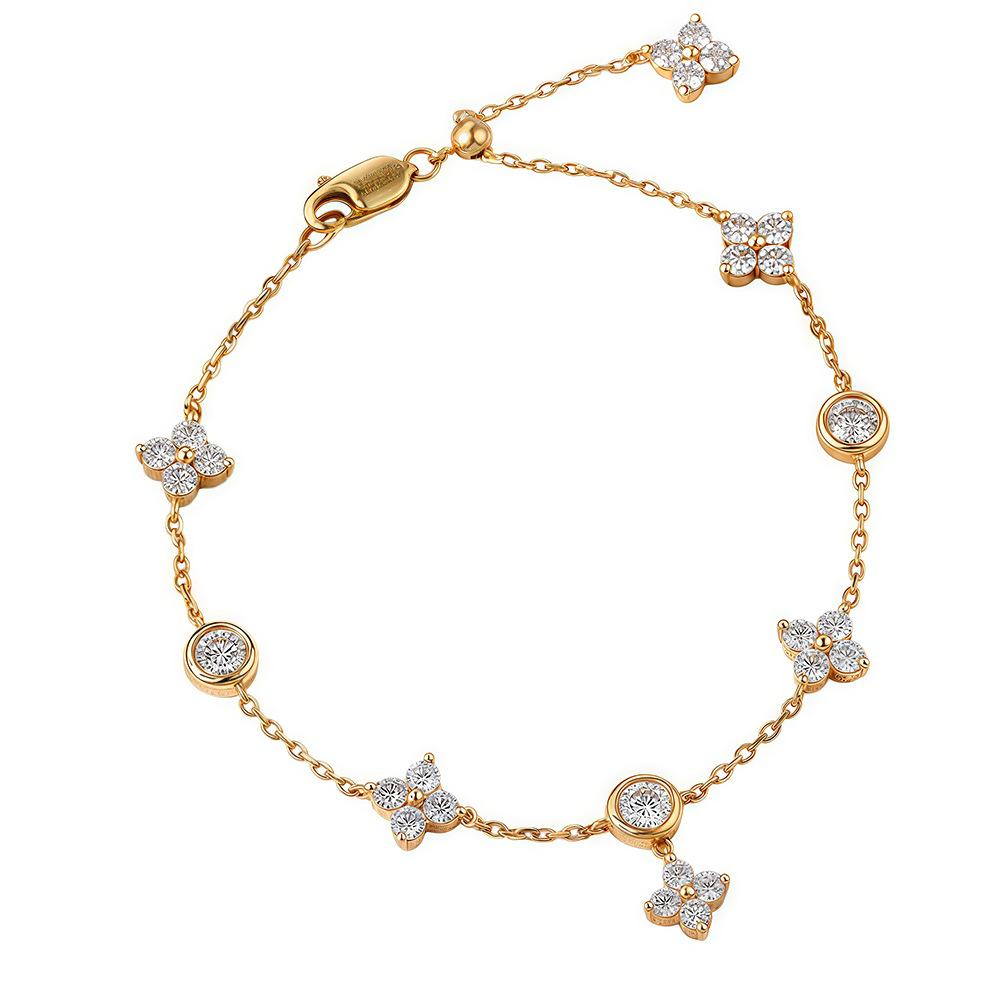 925 Sterling Silver Bracelet with Moissanite, 18K Gold Plated Flower  Round Cut Diamond Simulant Bracelet for Women золотой