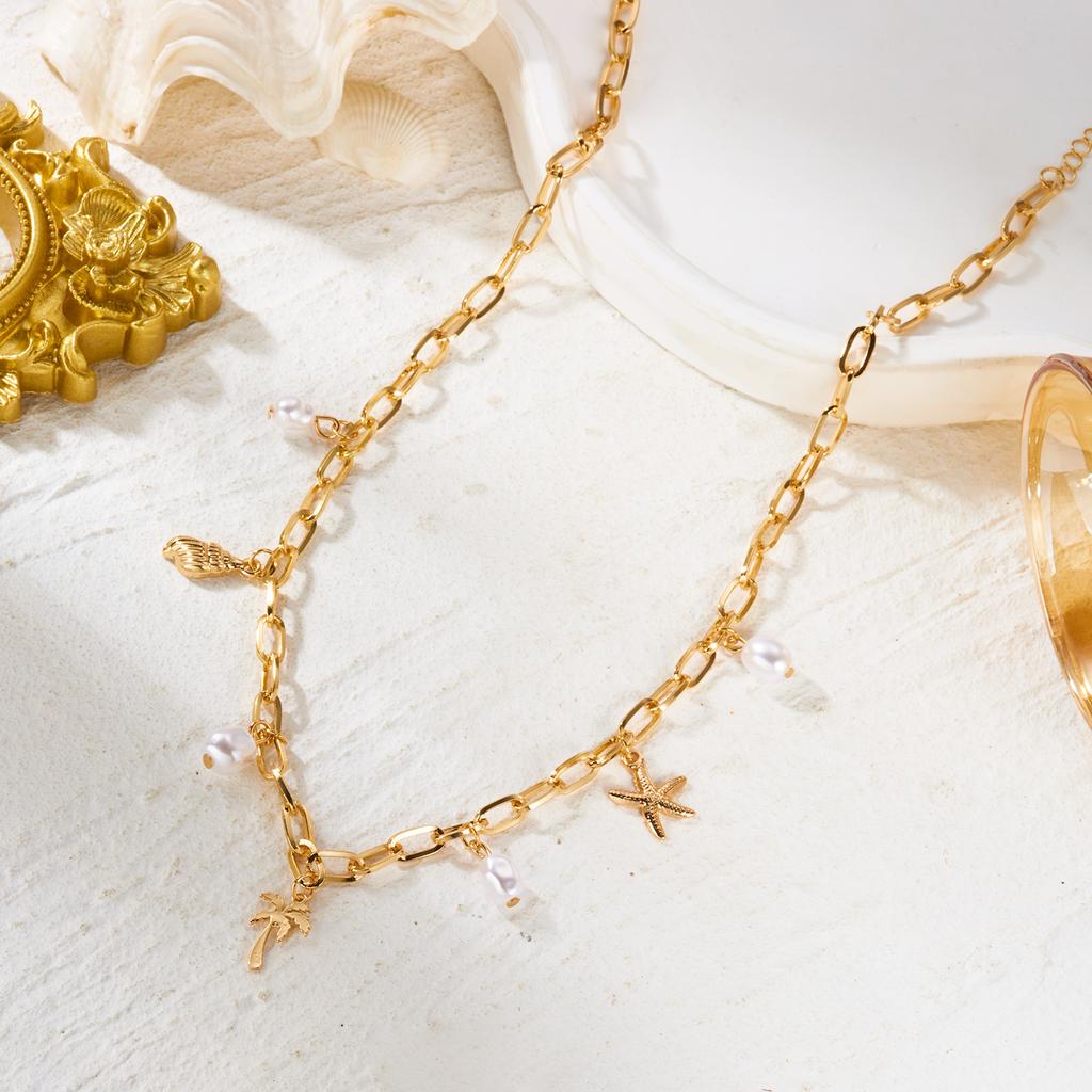 Boho Metal Starfish Conch Pendant Necklace For Women Imitation Pearl Fishtail Coconut Tree Turtle Chain Choker Beach Jewelry