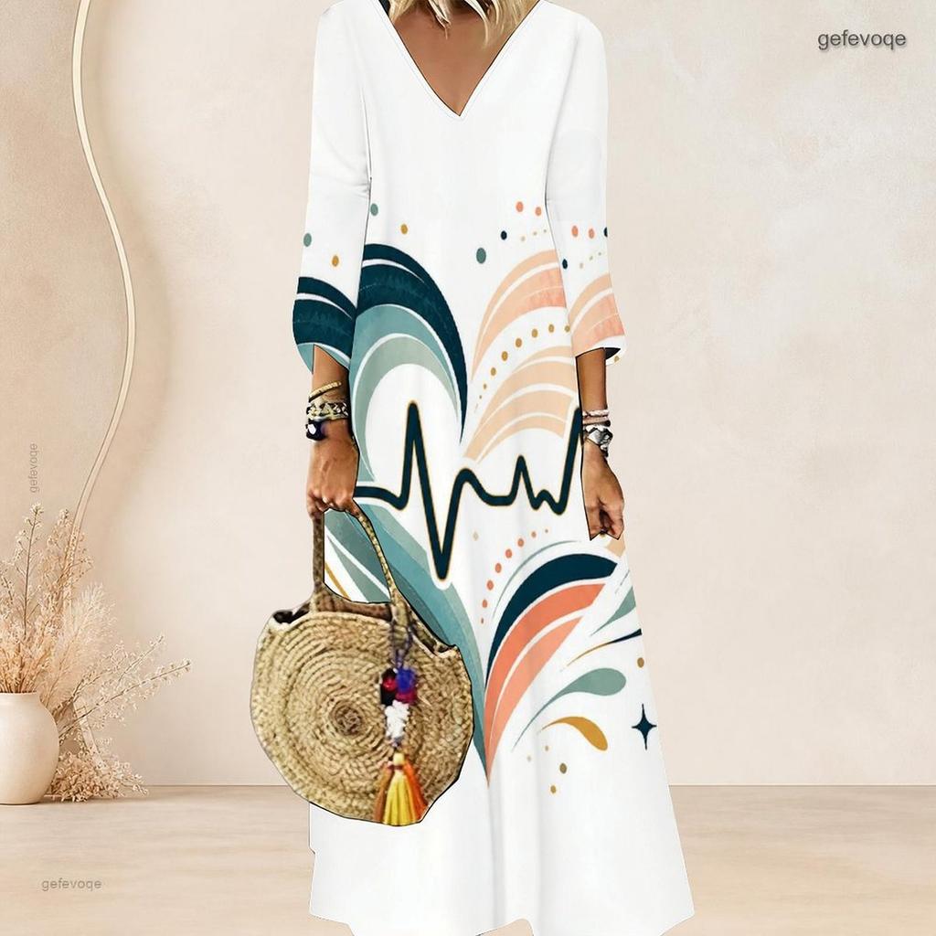 Plus Size Women V Neck 3 4 Sleeve Maxi Dress Soft Chic Casual Holiday Street Gown