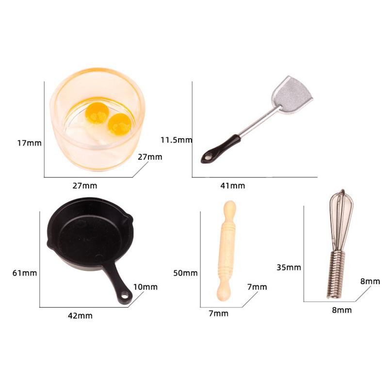 

[JN] 7 Pieces/Set 1:12 Dollhouse Miniature Kitchen Tool Rolling Pin Frying Pan Egg Beater Food Toy