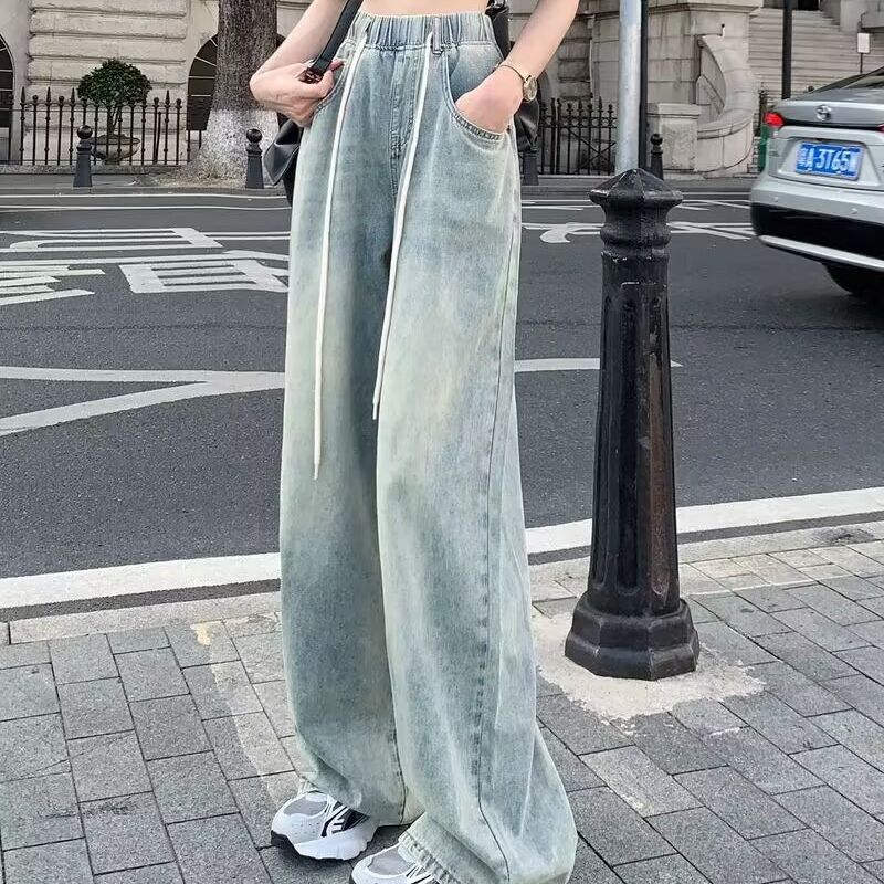 Vintage Jeans Women Drawstring Straight Pants Draped Dragline Trousers Loose Wide Leg Pant Tide
