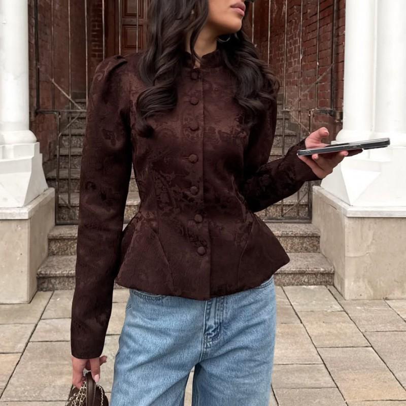 Womens Vintage Palace Style Jacquard Lightweight Blazer With Stand Collar Puffed Sleeves Waist Cinched Hem